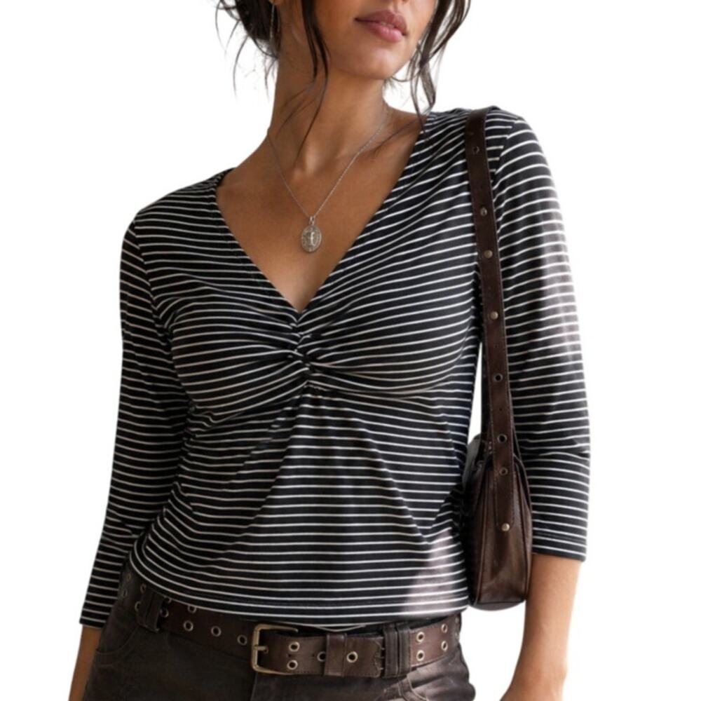 Tahari Striped V-Neck Blouse Black White Workwear Jack Skellington Size M